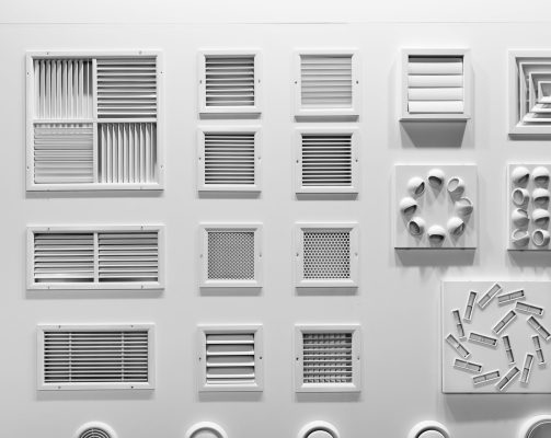 Showcase with plastic grills for air vents closeup Showcase with plastic grills for air vents closeup
